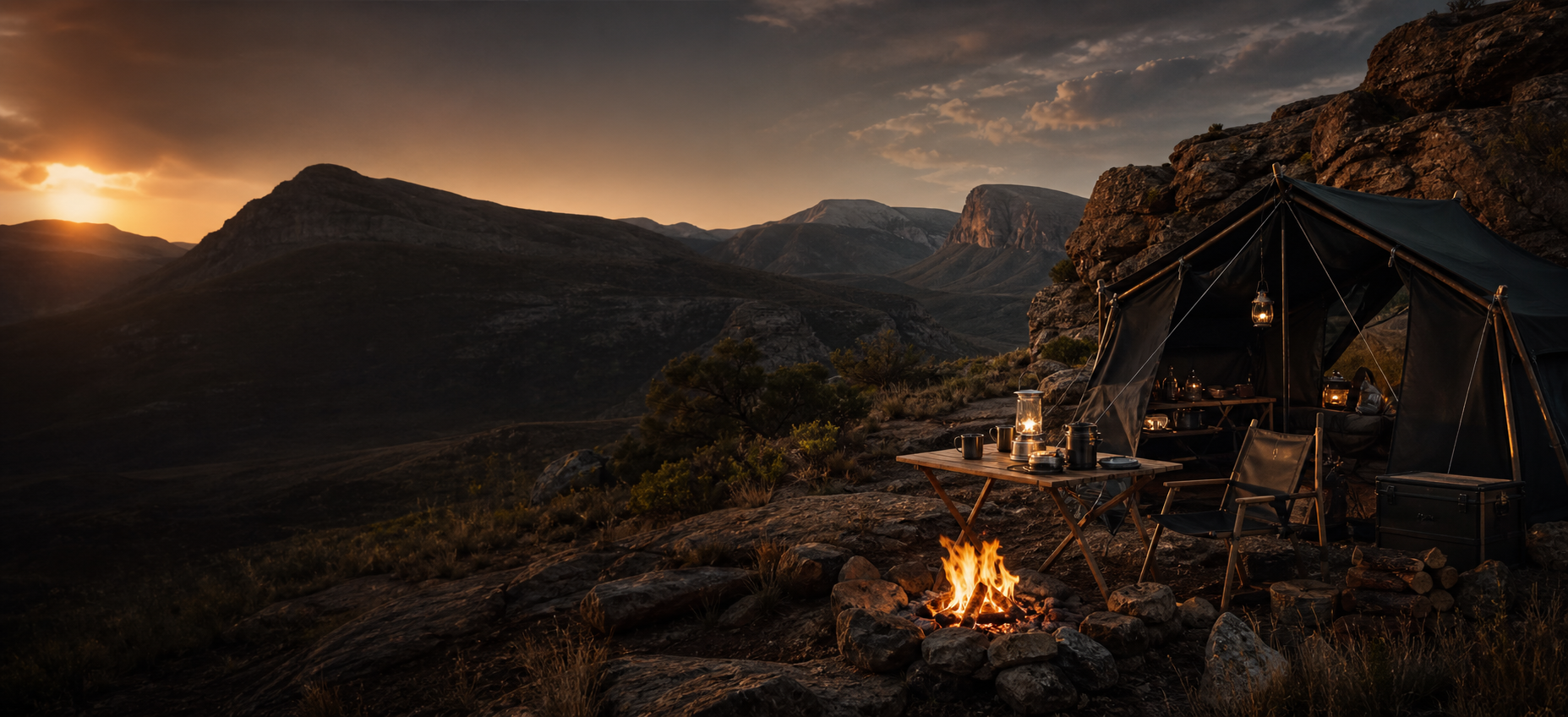 Premium outdoor campsite at golden hour in a rugged mountain landscape